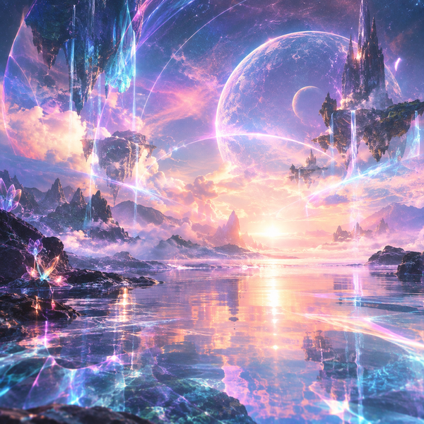 A visualization showing planets and floating islands